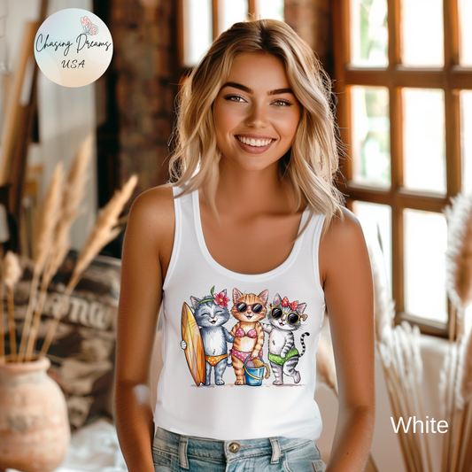 😻🌴 Tres gatos en traje de baño: Camiseta de tirantes con espalda nadadora para un día de playa perfecto