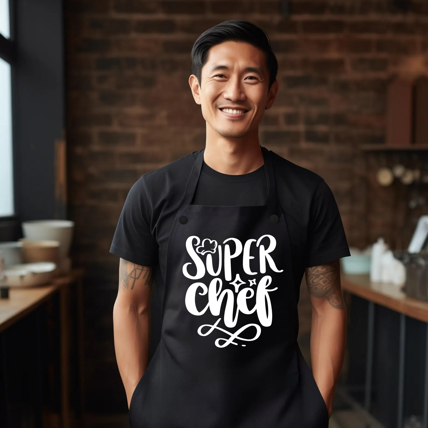 🧑‍🍳✨ Delantal negro “Super Chef”: estilo atrevido para los héroes de la cocina