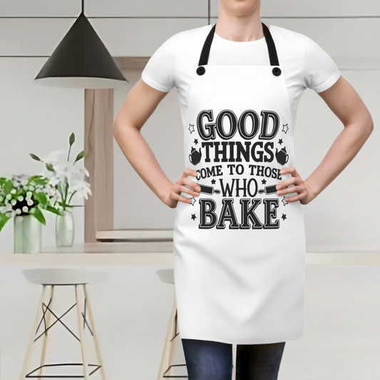 Delantal “A los que hornean les llegan las cosas buenas”: perfecto para los amantes de la repostería y los creativos en la cocina.