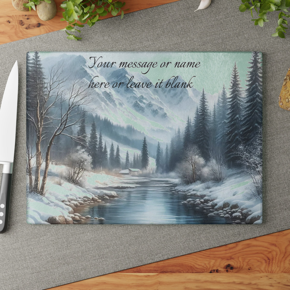 🏔️ Snowy Mountain River Cutting Board – Winter Tranquility for Your Kitchen ❄️