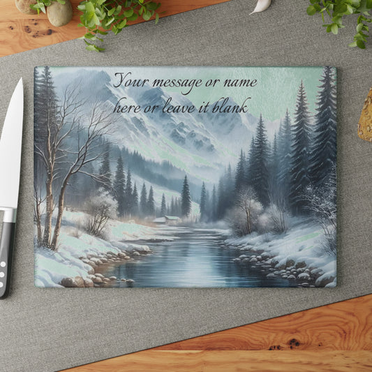 🏔️ Snowy Mountain River Cutting Board – Winter Tranquility for Your Kitchen ❄️