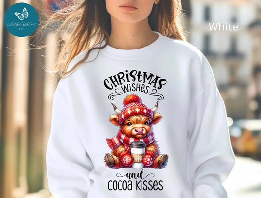 🎄☕🐮 Christmas Wishes and Cocoa Kisses Sweatshirt – Cozy Highland Cow Holiday Sweater ❄️❤️