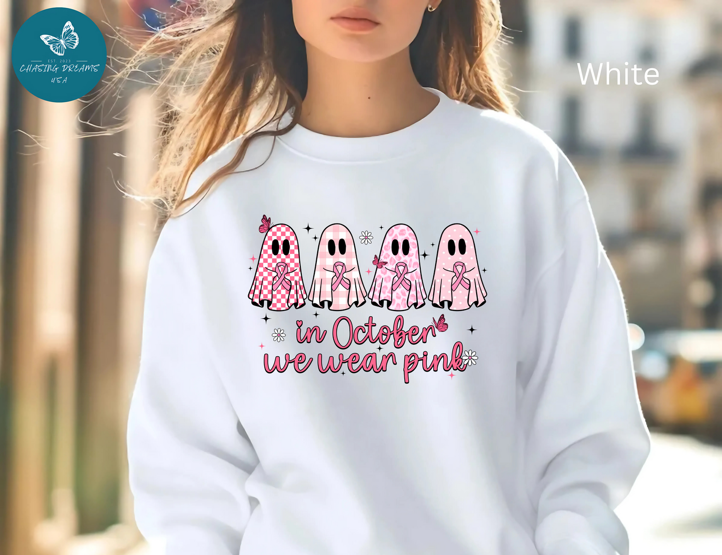 🎀👻 In October We Wear Pink Sweatshirt – Breast Cancer Awareness Halloween Ghosts
