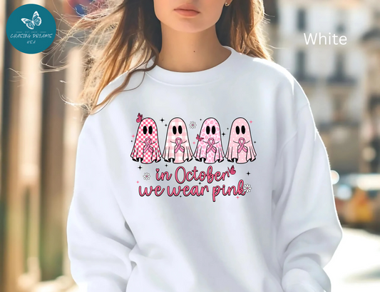🎀👻 In October We Wear Pink Sweatshirt – Breast Cancer Awareness Halloween Ghosts