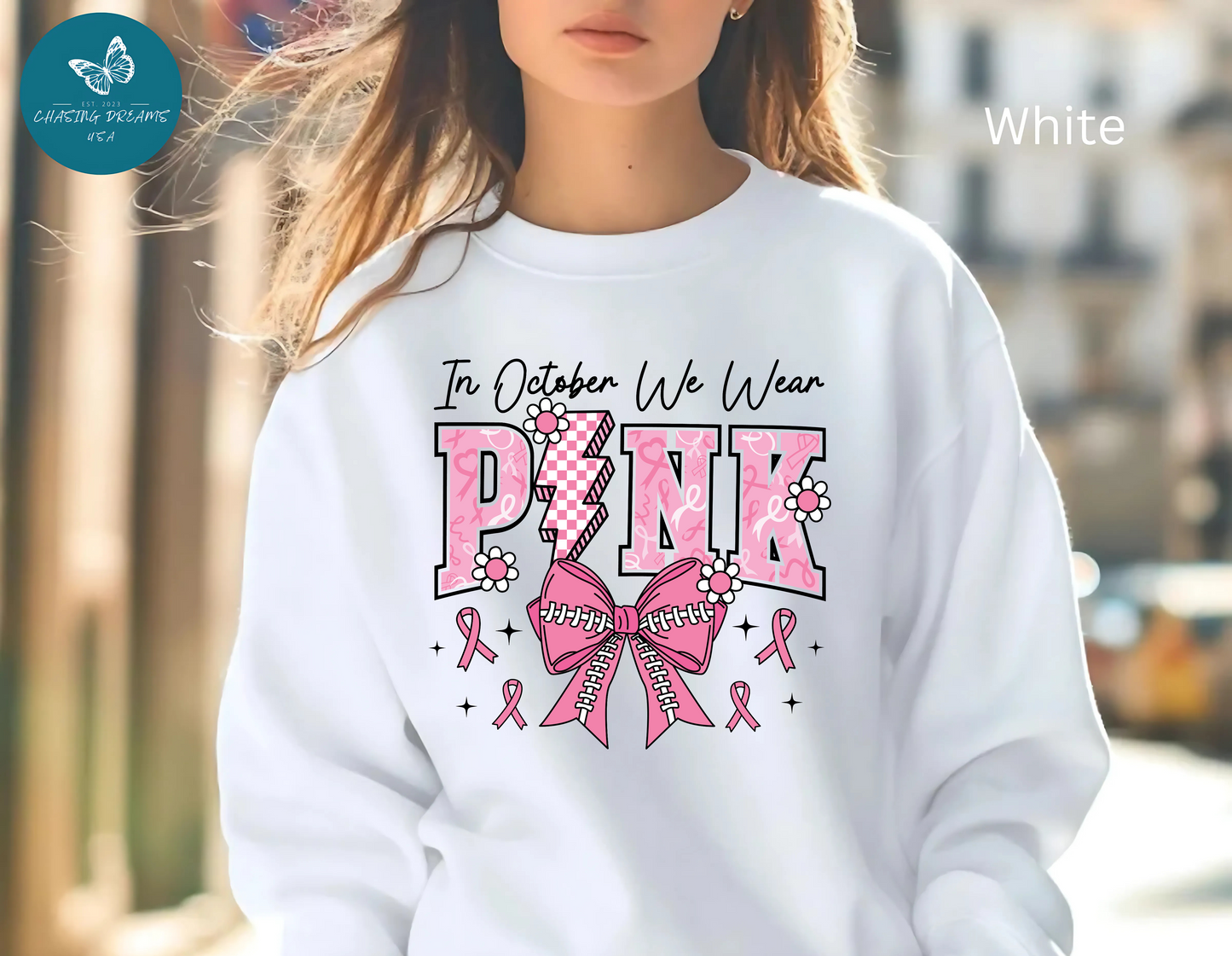 ⚡🎀 PINK Sweatshirt – Breast Cancer Awareness Bow & Lightning Bolt