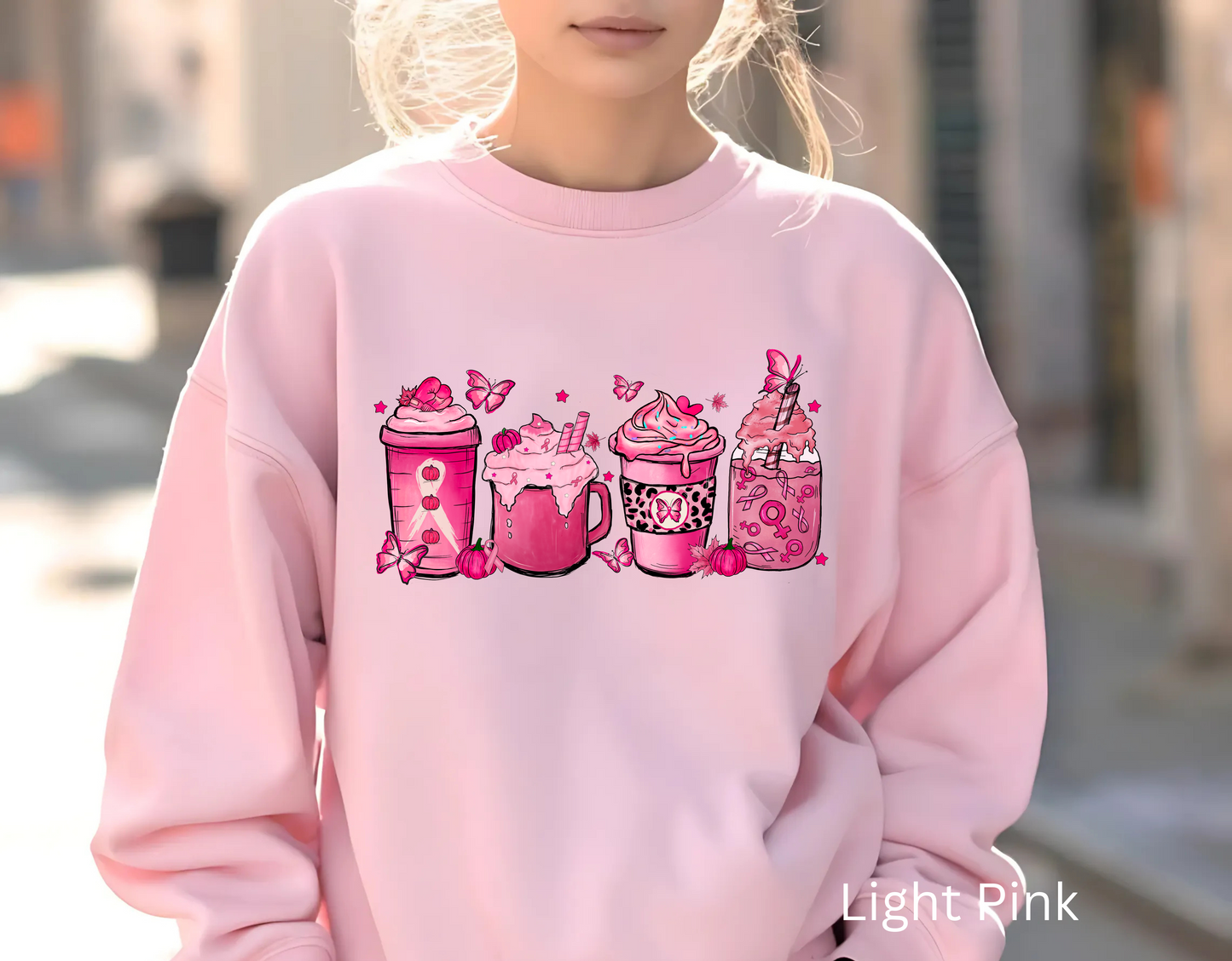 ☕🎀 Pink Awareness Drinks Sweatshirt – Breast Cancer Support Coffee Lovers