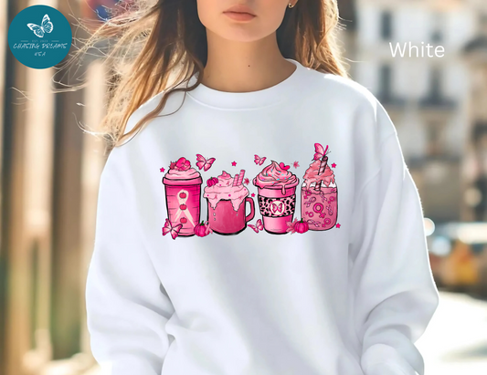 ☕🎀 Pink Awareness Drinks Sweatshirt – Breast Cancer Support Coffee Lovers