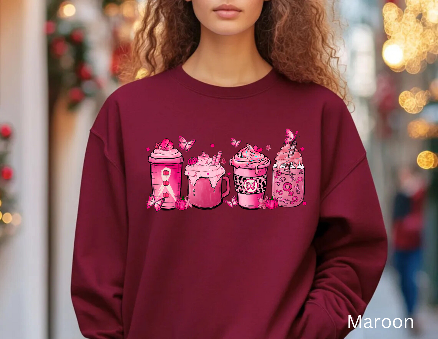 ☕🎀 Pink Awareness Drinks Sweatshirt – Breast Cancer Support Coffee Lovers