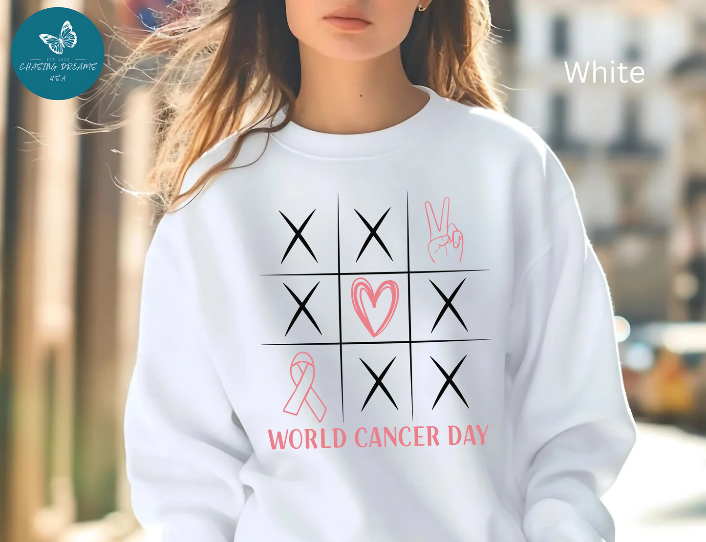 🌍🎗️ World Cancer Day Sweatshirt – Awareness Tic-Tac-Toe Heart & Ribbon
