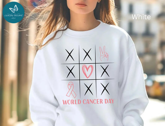 🌍🎗️ World Cancer Day Sweatshirt – Awareness Tic-Tac-Toe Heart & Ribbon