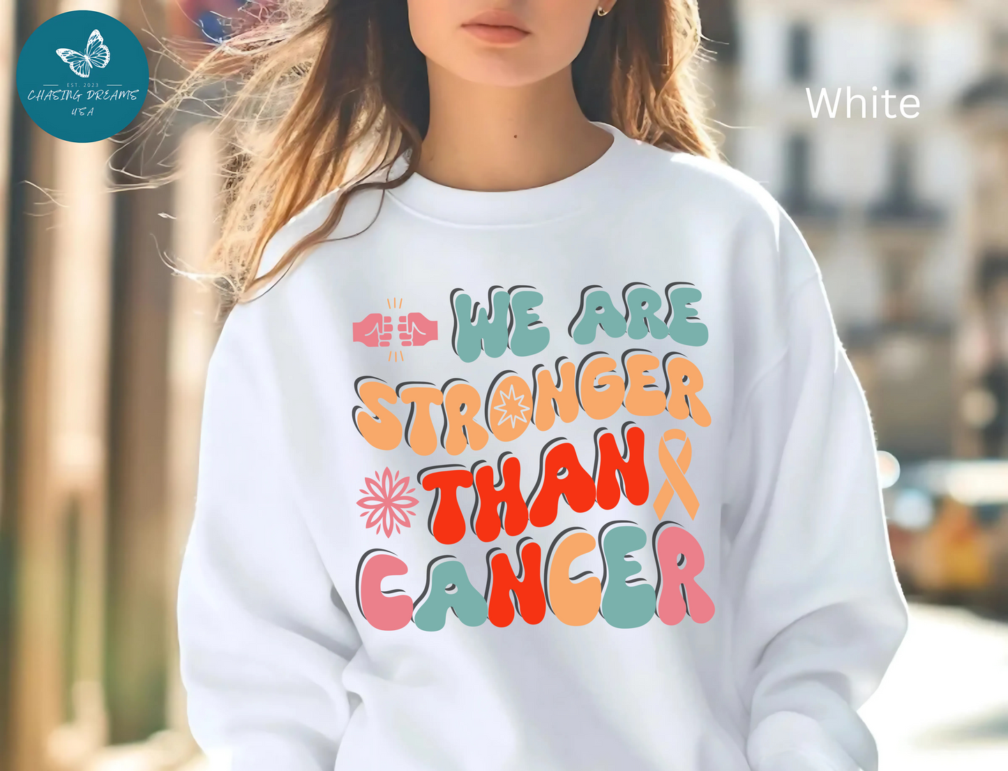 💪🌸 We Are Stronger Than Cancer Sweatshirt – Retro Breast Cancer Awareness Crewneck