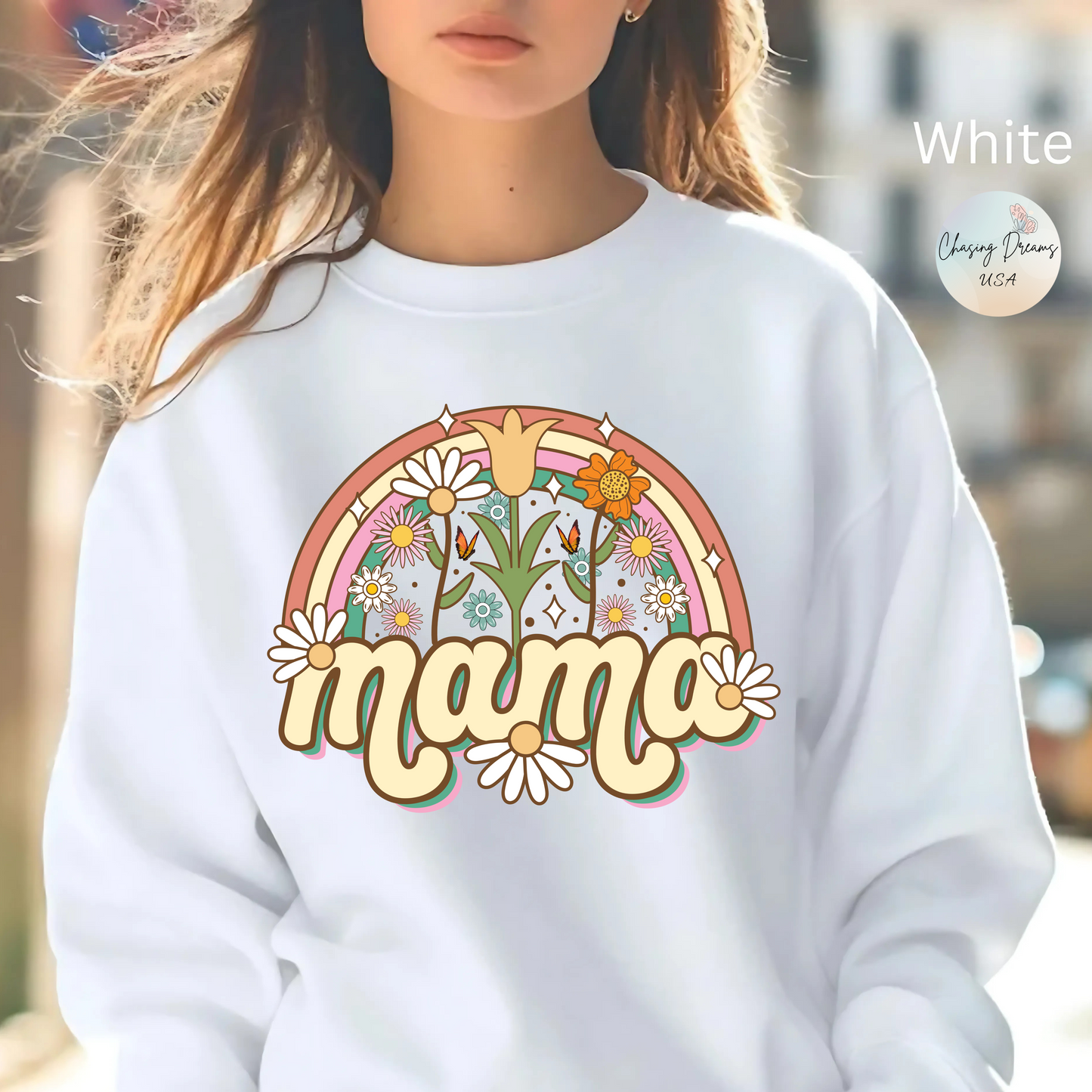 🌼🌈 Retro Floral Mama Sweatshirt – Vintage Rainbow Daisy Mom Crewneck