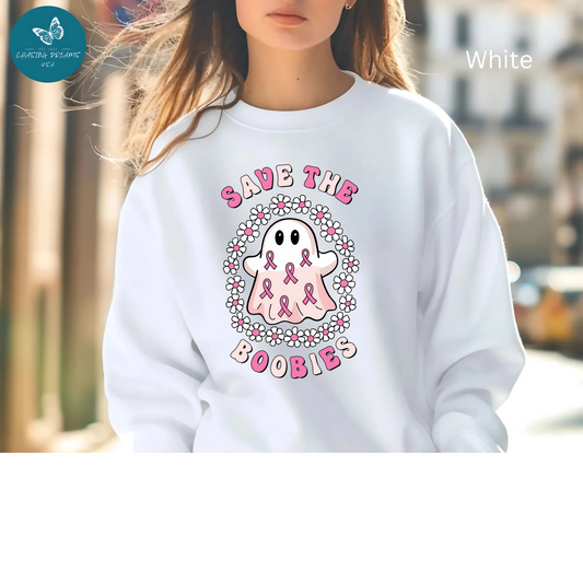 👻🎀 Save the Boobies Ghost Sweatshirt – Cute Breast Cancer Awareness Crewneck