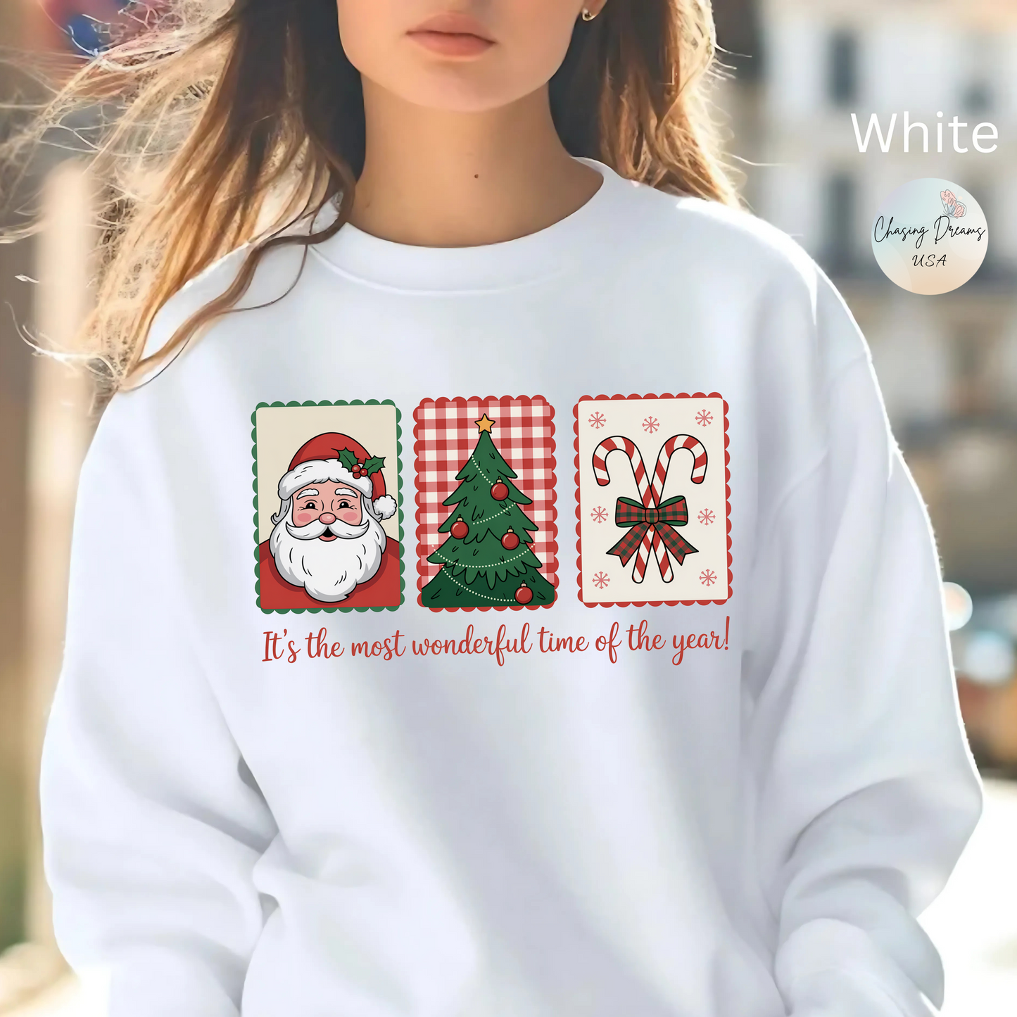 🎄✨ Most Wonderful Time of the Year Christmas Sweatshirt – Santa, Tree & Candy Canes 🎅