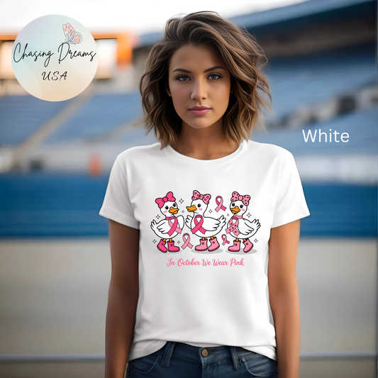 🎀🦆 In October We Wear Pink Duck T-Shirt – Cute Breast Cancer Awareness Tee 💖✨