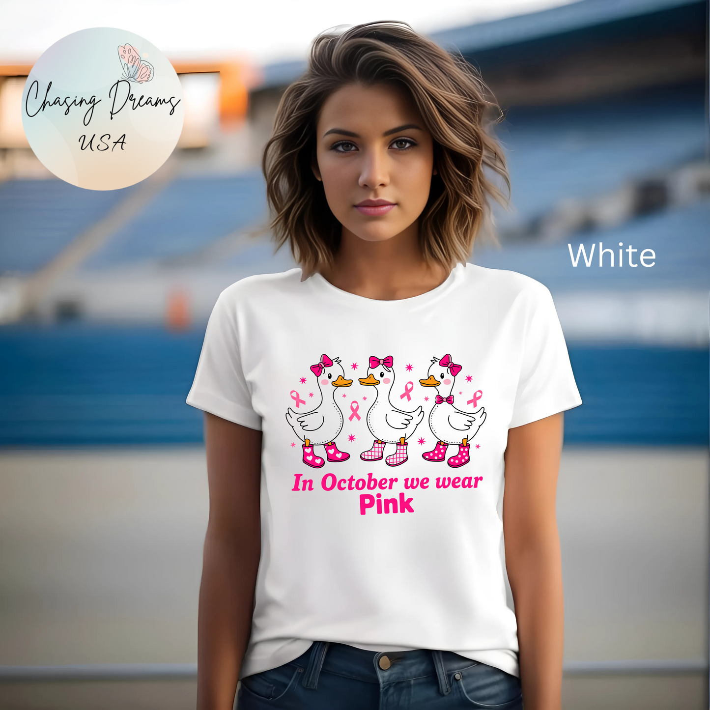 🎀🦆 In October We Wear Pink Duck Boots T-Shirt – Breast Cancer Awareness Tee 💕✨