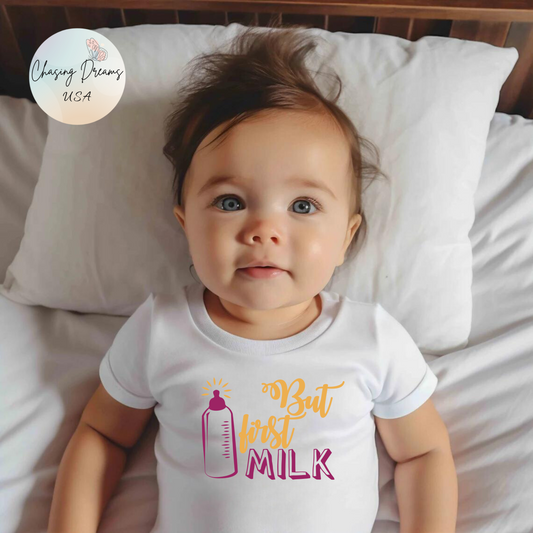 But First Milk Baby Onesie – Cute Bottle Graphic Outfit for Little Milk Lovers