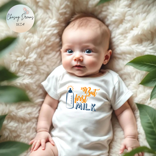 But First Milk Baby Onesie – Sweet & Funny Bottle Graphic Outfit