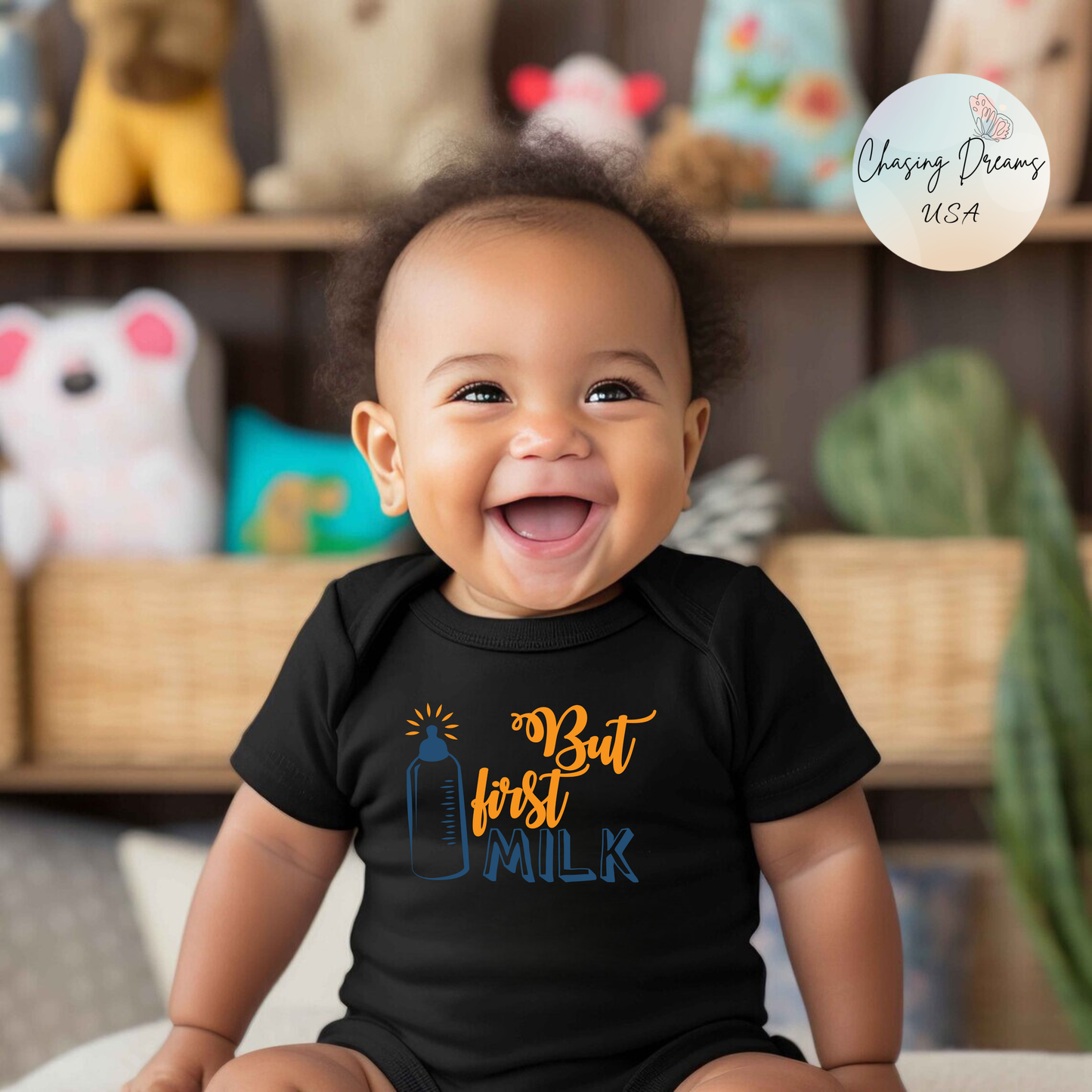 But First Milk Baby Onesie – Sweet & Funny Bottle Graphic Outfit