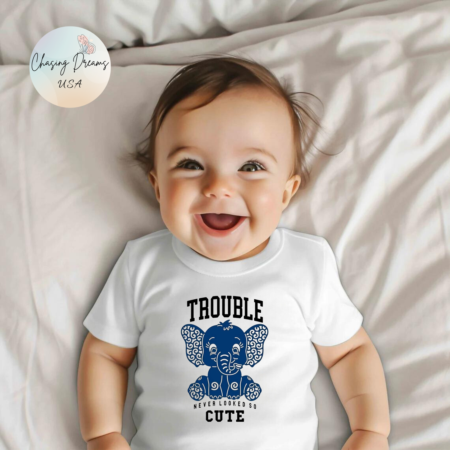 Trouble Never Looked So Cute Baby Onesie – Adorable Elephant Edition 🐘💙