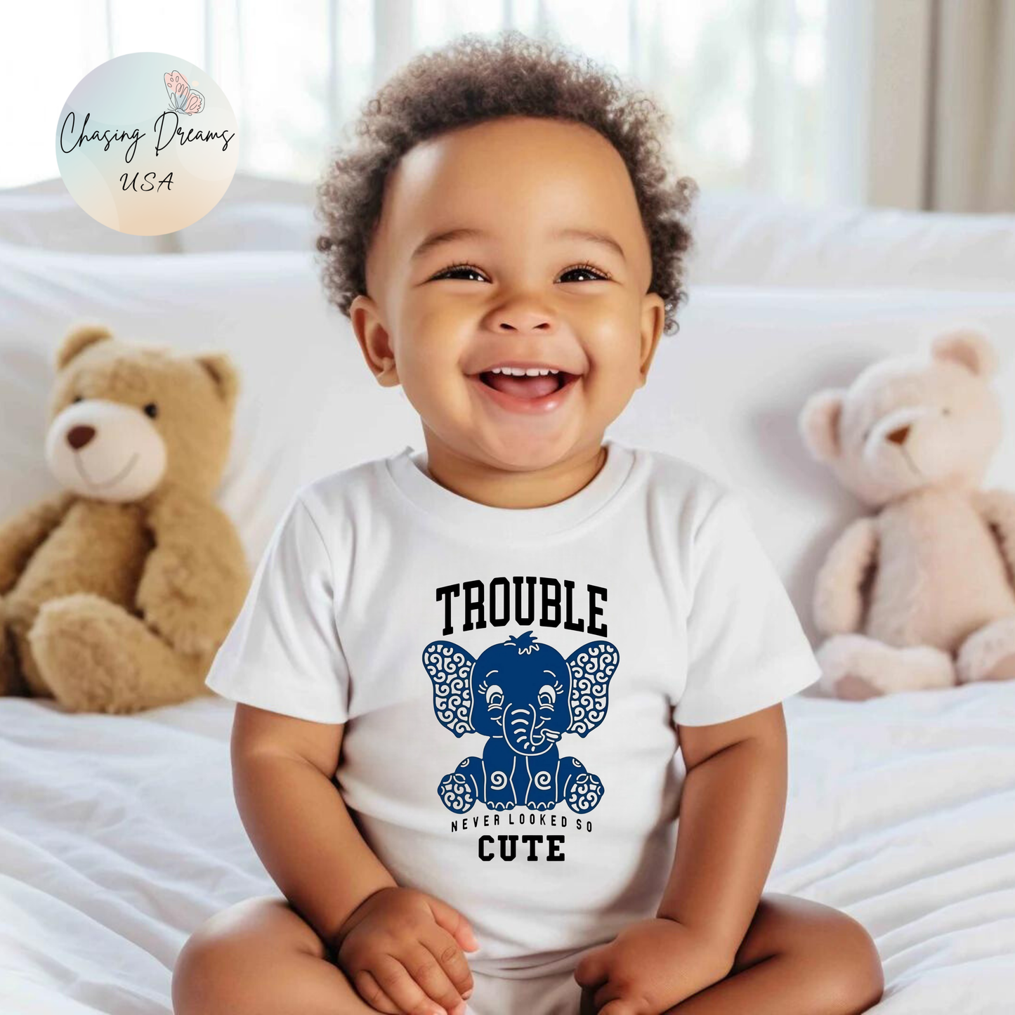 Trouble Never Looked So Cute Baby Onesie – Adorable Elephant Edition 🐘💙