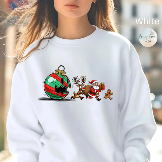 🎄🎅 Santa’s Great Ornament Escape Sweatshirt – Funny Christmas Crewneck for Holiday Laughs