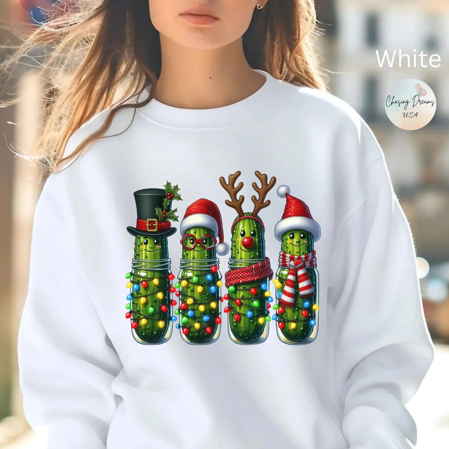 🥒✨ Merry Picklemas Crewneck – Festive Pickle Jars with Holiday Lights