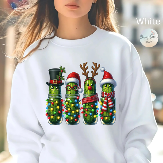 🥒✨ Merry Picklemas Crewneck – Festive Pickle Jars with Holiday Lights