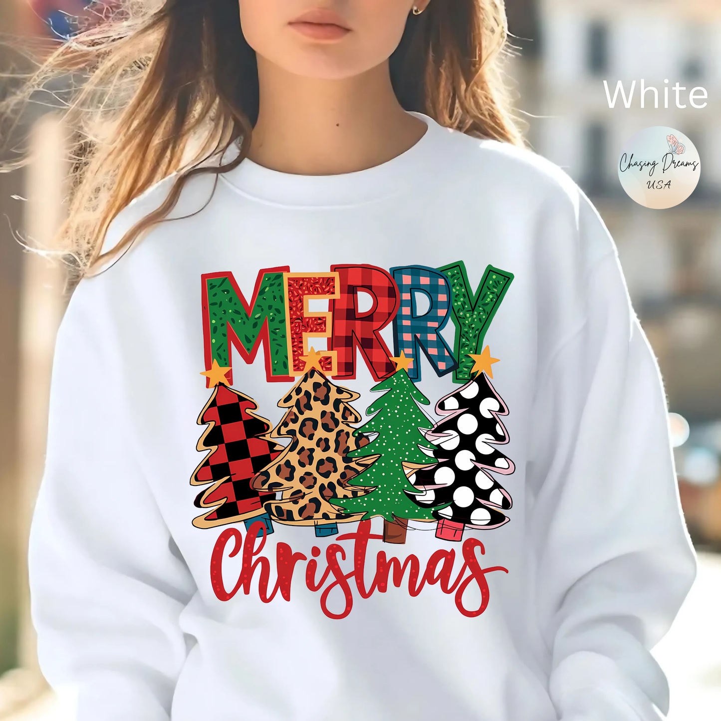 🎄✨ Merry Christmas Trees Sweatshirt – Bold Patterns & Festive Cheer
