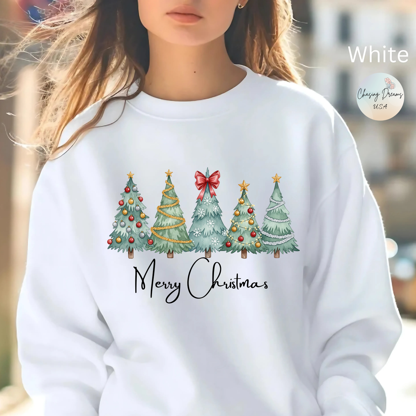 🎄✨ Merry Christmas Trees Sweatshirt – Bold Patterns & Festive Cheer