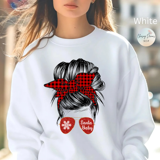 🎅✨ Santa Baby Buffalo Plaid Hair Bun Sweatshirt – Festive Holiday Vibes ❤️🖤