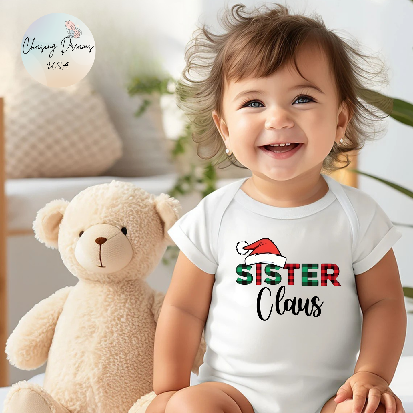 Sister Claus Baby Onesie – Plaid Lettering & Cozy Holiday Outfit 🎀❄️