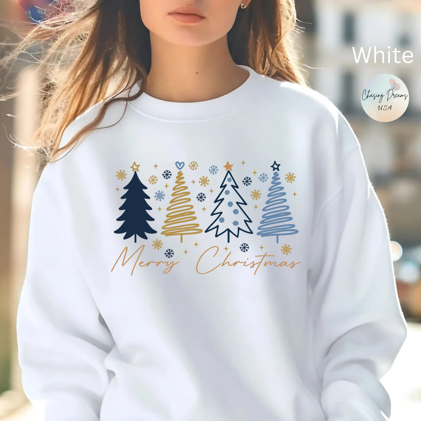 🎄✨ Merry Christmas Sweatshirt – Modern Navy & Gold Holiday Trees ❄️⭐