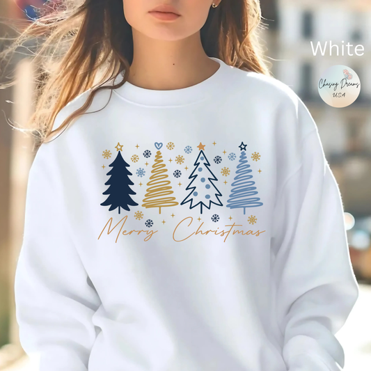🎄✨ Merry Christmas Sweatshirt – Modern Navy & Gold Holiday Trees ❄️⭐