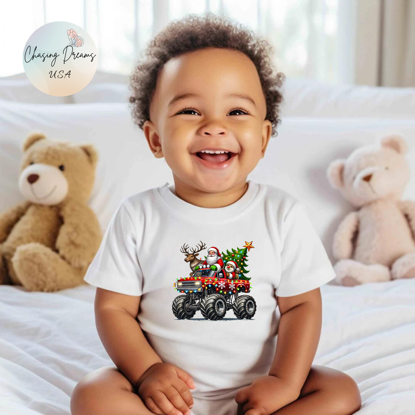 Festive Monster Truck Baby Onesie – Holiday Lights Ride 🚗✨