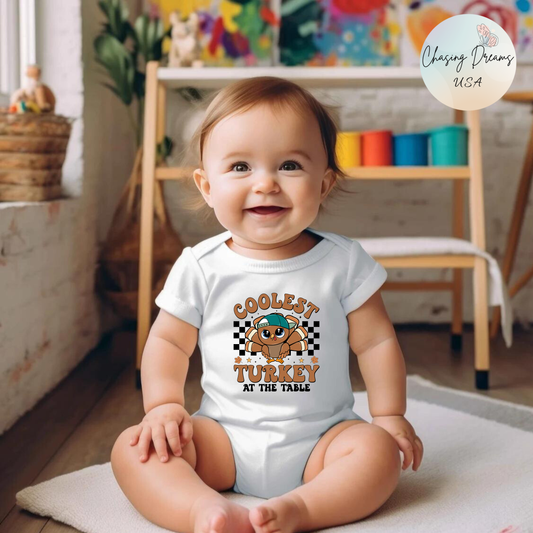 Coolest Turkey at the Table Baby Onesie – Fun Little Foodie Outfit 🦃😎