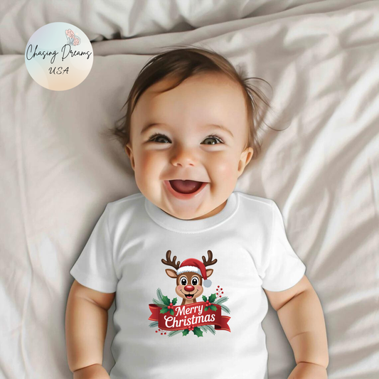 Merry Christmas Reindeer Baby Onesie – Festive Holiday Cheer 🦌🎄