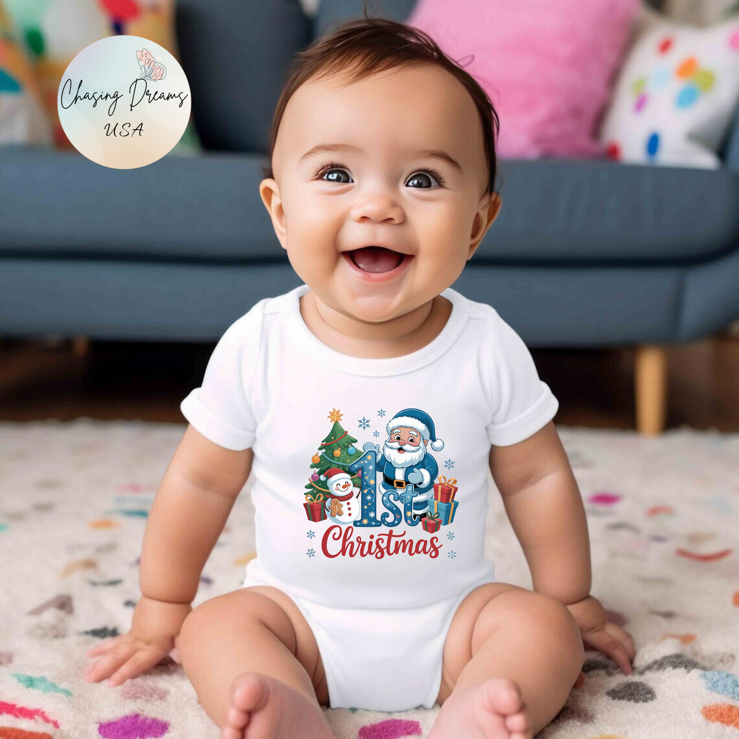 🎅❄️ My 1st Christmas Baby Onesie – Blue Santa & Snowman Festive Keepsake 🍼✨