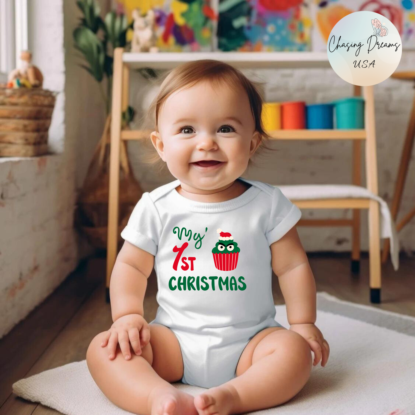 💚 My 1st Christmas Baby Onesie – Cheeky Cupcake Edition 🎄🧁