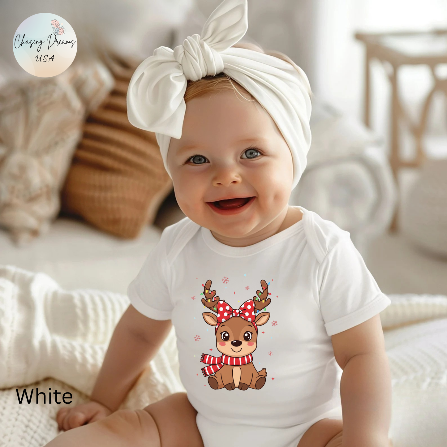 🎀 Reindeer Girl Baby Onesie – Polka Dot Bow & Twinkle Lights Edition 🦌✨