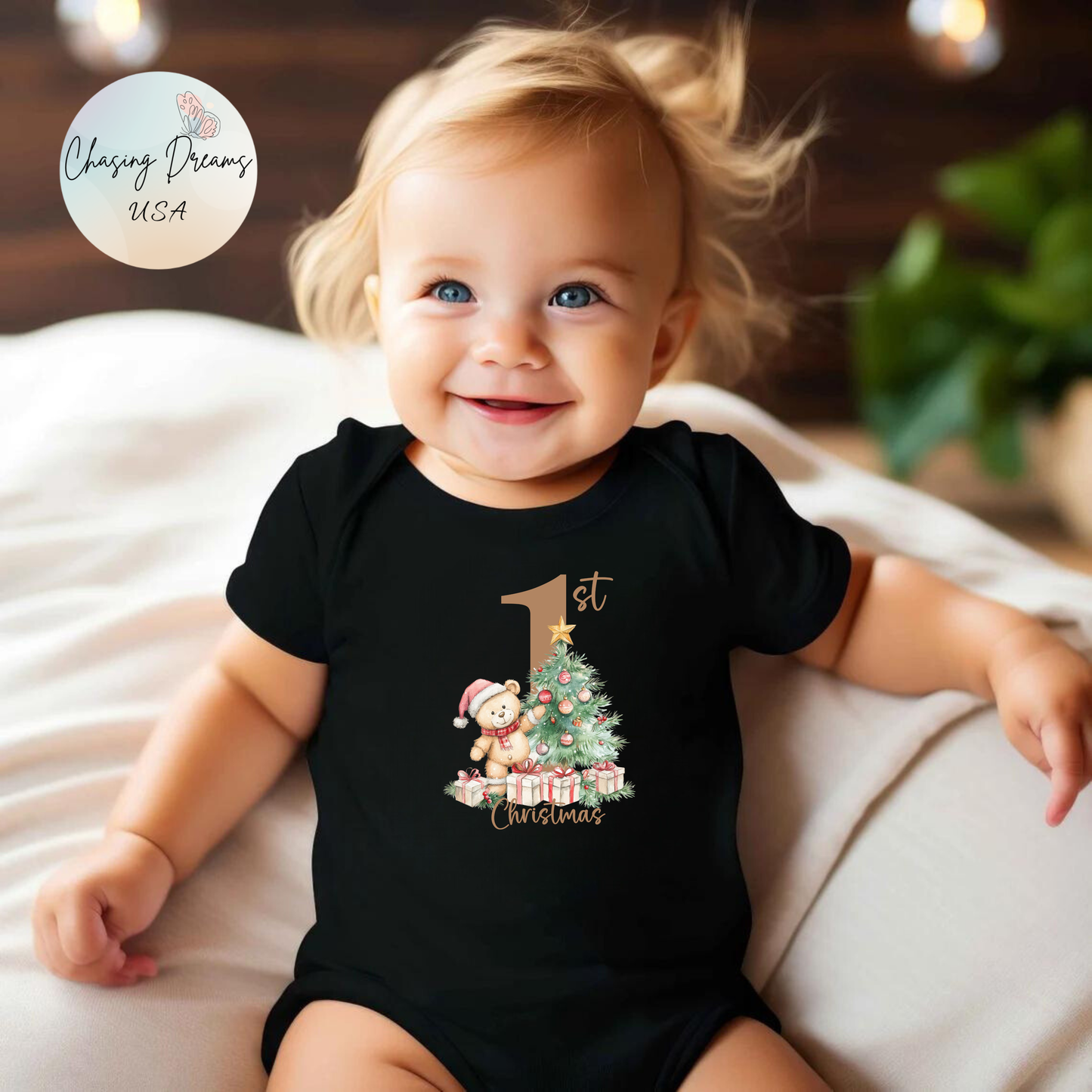 🎄 Teddy’s 1st Christmas Baby Onesie – Sweet Tree & Presents