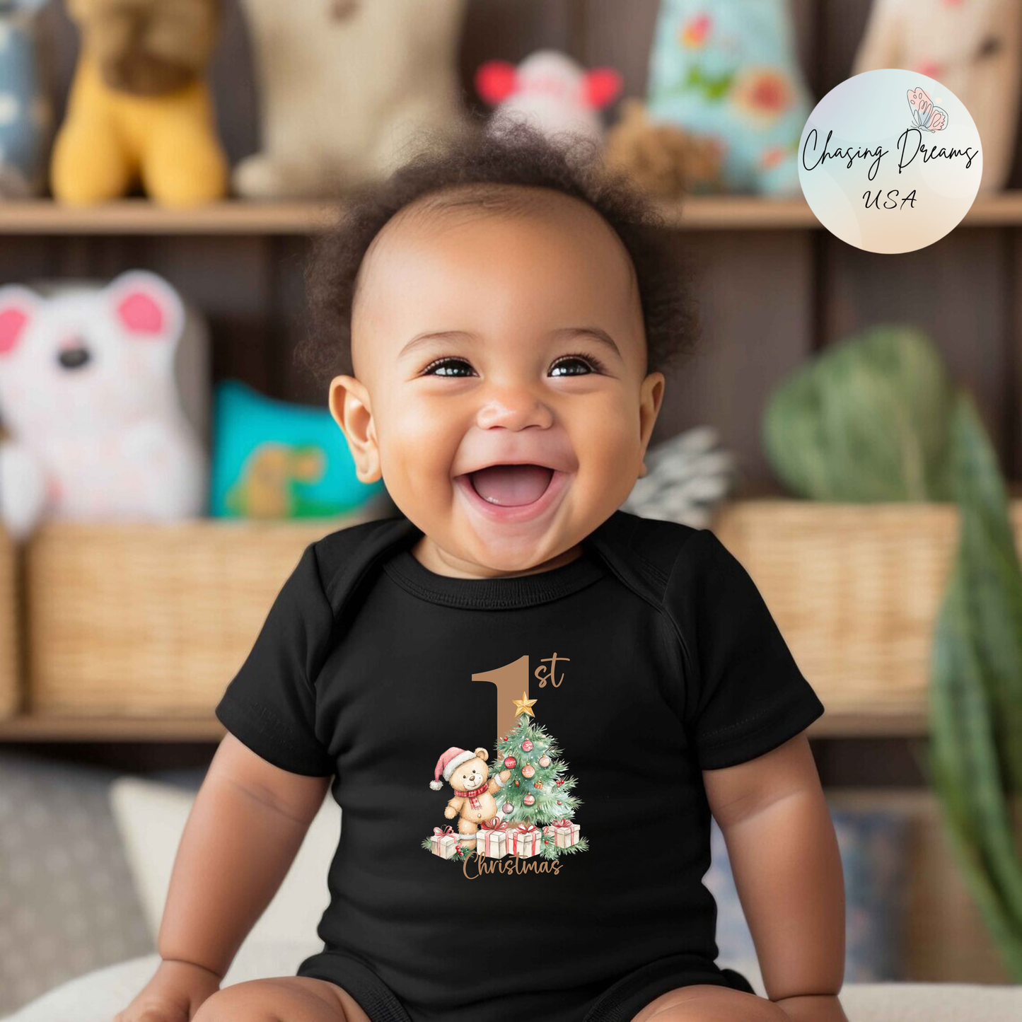 🎄 Teddy’s 1st Christmas Baby Onesie – Sweet Tree & Presents