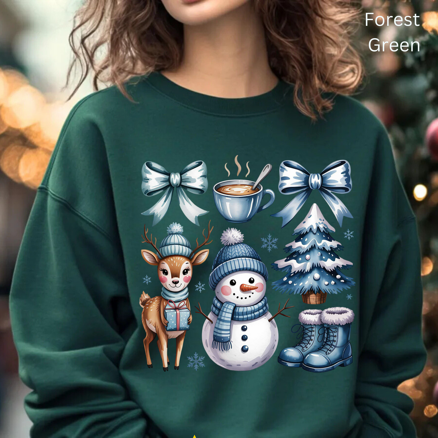 ❄️💙 Cozy Winter Vibes Crewneck – Reindeer, Snowman, Cocoa & Bows
