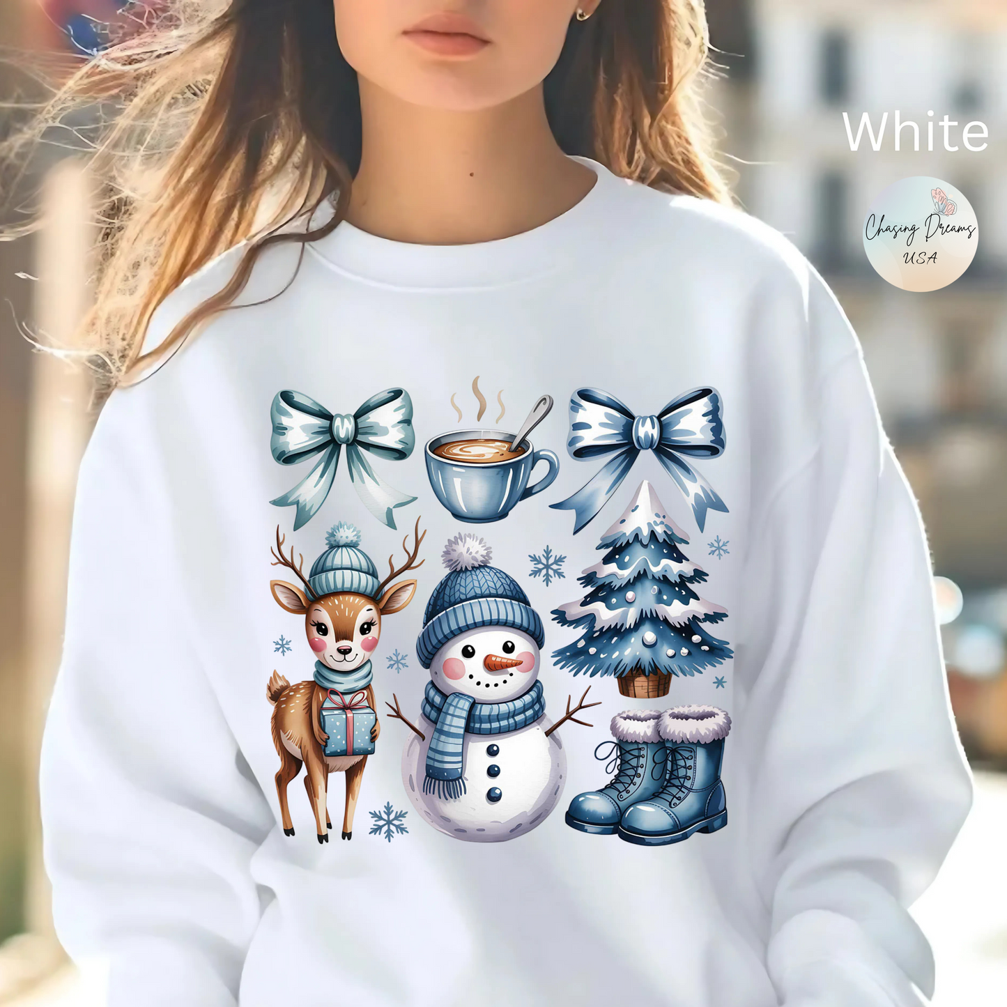❄️💙 Cozy Winter Vibes Crewneck – Reindeer, Snowman, Cocoa & Bows