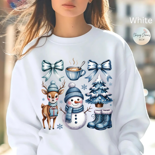 ❄️💙 Cozy Winter Vibes Crewneck – Reindeer, Snowman, Cocoa & Bows