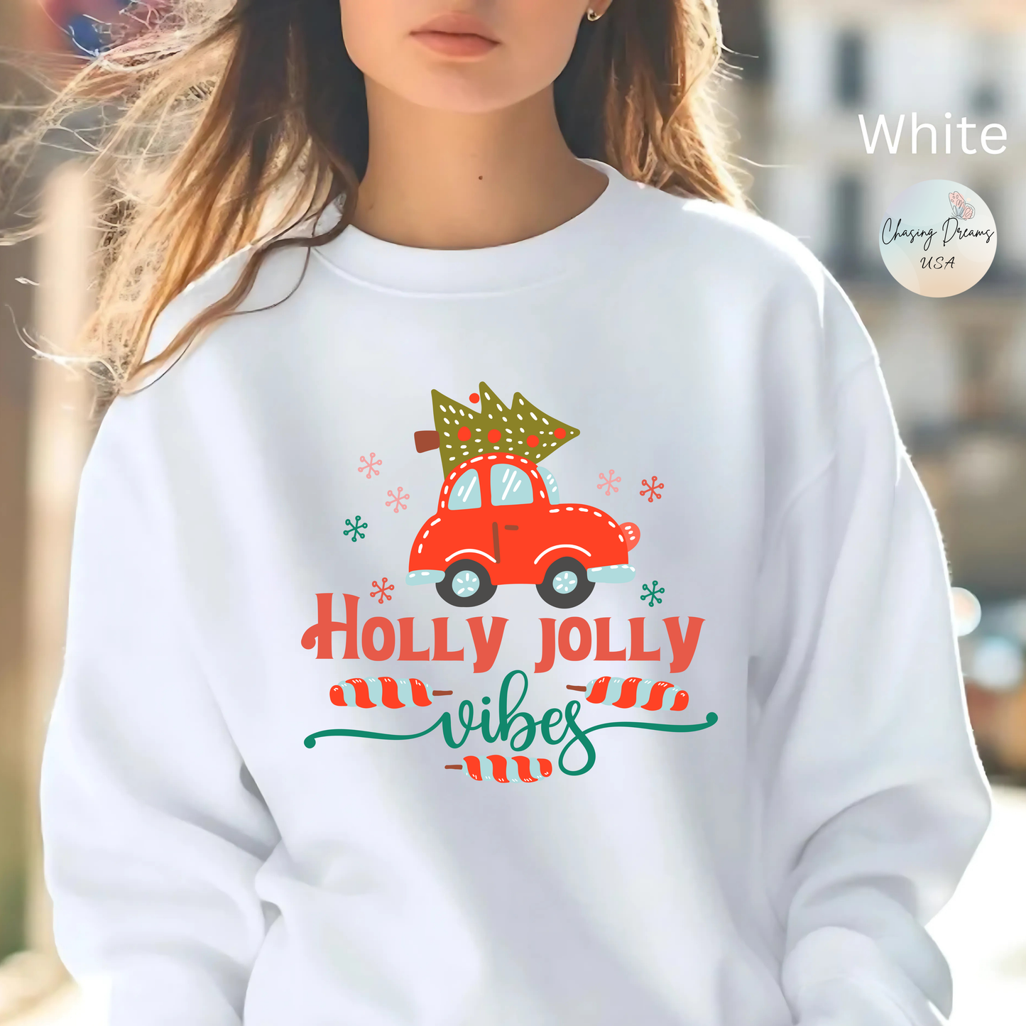 🎄🚗 Holly Jolly Vibes Crewneck – Cute Red Car & Tree Graphic