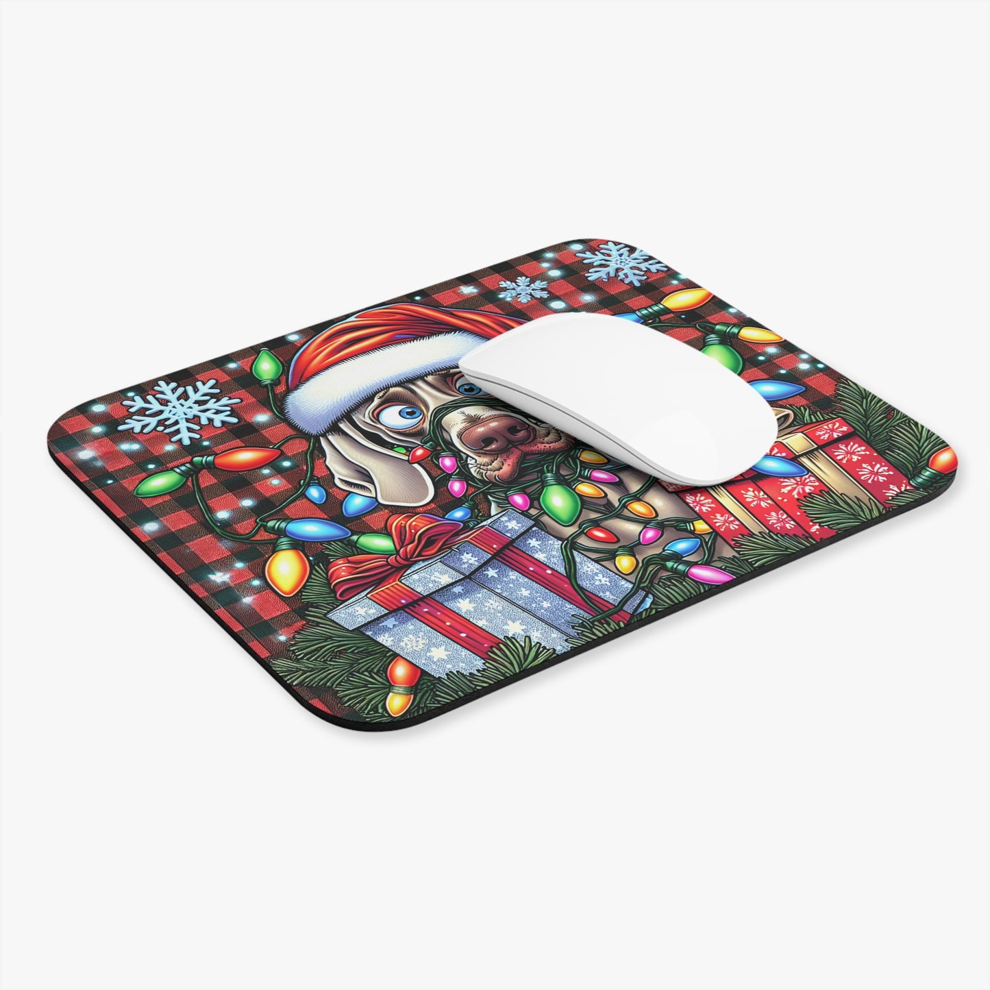 🖱️🎄🐶 Tangled Lights Christmas Dog Mouse Pad – Buffalo Plaid Holiday Desk Art