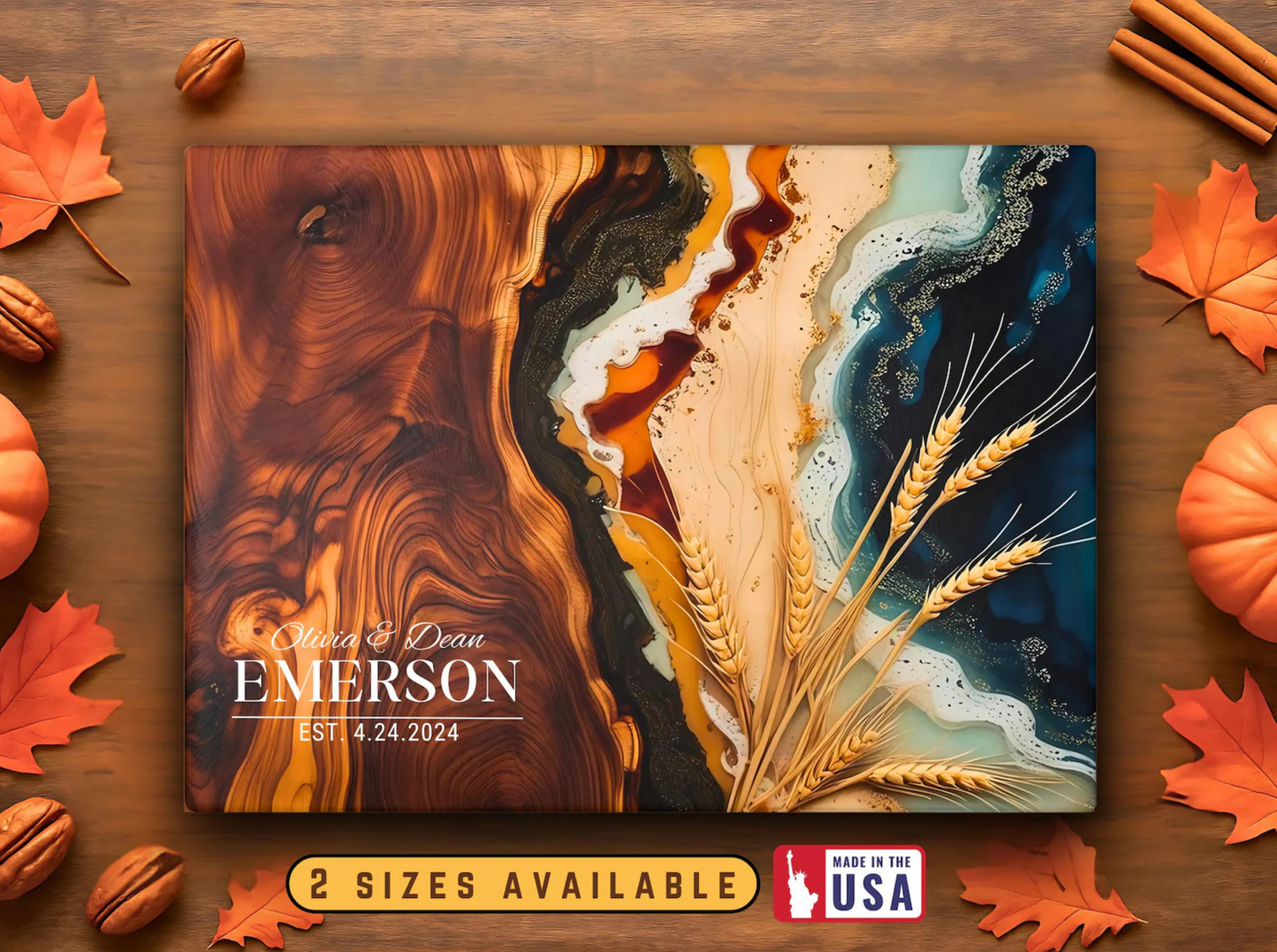 Personalized Wood & Resin Style Glass Cutting Board (Faux Wood & Epoxy Design – Tempered Glass)