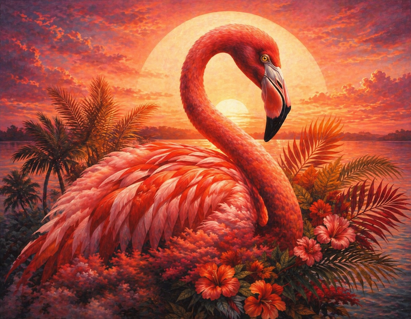 Flamingo Sunset Canvas Wall Art - Tropical Beach Sunset Print