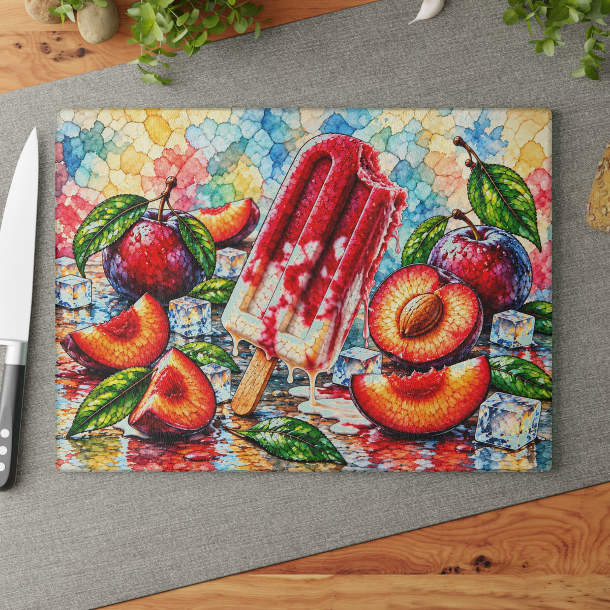 Fruit Popsicle Stained-Glass-Look Glass Cutting Board – Colorful Summer Fruit Kitchen Decor